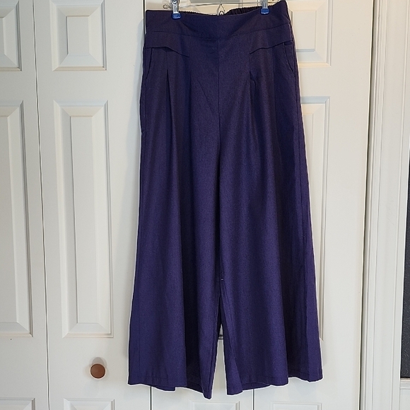 Women's NWOT Navy Blue Wide-Leg Pants Linen Blend, Back Elastic Waist Size XL - Picture 1 of 5